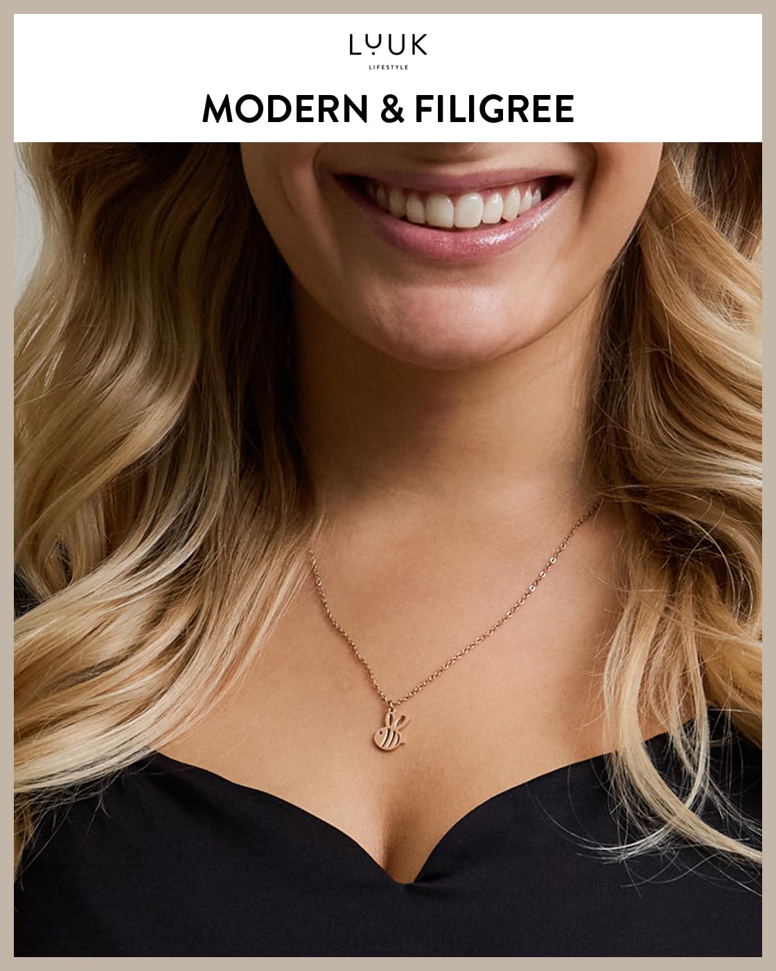 LUUK LIFESTYLE Collana con ciondolo diverso e acciaio inossidabile 50 cm, con carta HAPPINESS, idea regali donna, lei, ragazza, compleanno, portafortuna, gioielli elegante, argento, or, rosa