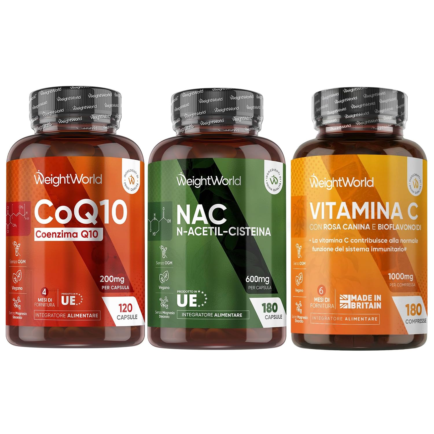 Coenzima Q10, NAC N-Acetil-Cisteina e Vitamina C 1000mg Bundle, Q10 Coenzima, Ubiquinone, N Acetilcisteina 180 Capsule, Integratore Vitamina C (Acido Ascorbico), Rosa Canina, Senza Magnesio Stearato