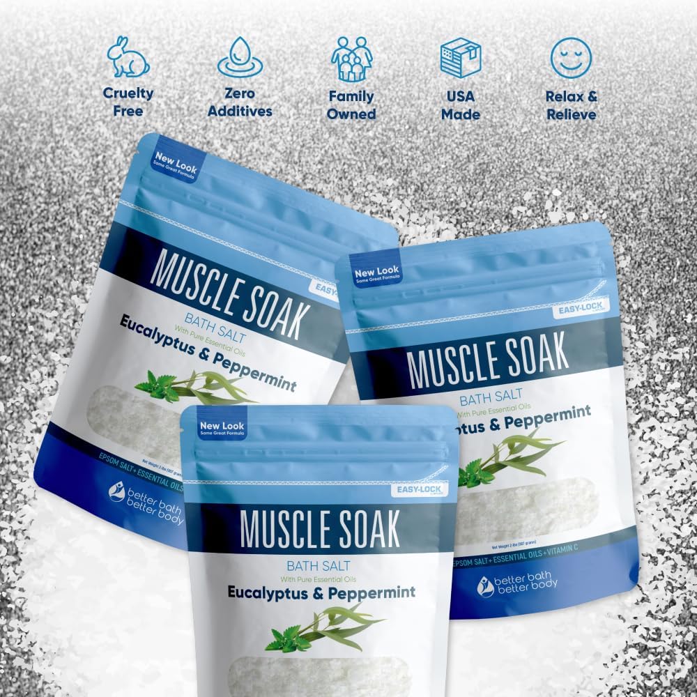 Muscle Bath Salt (3-Pack with Scoop) Muscle Bath Soaks with Pure Essential Oils in BPA Free Pouch with Press-Lock Seal Made in USA, Three 2-lbs Pouches 6-Lbs Total