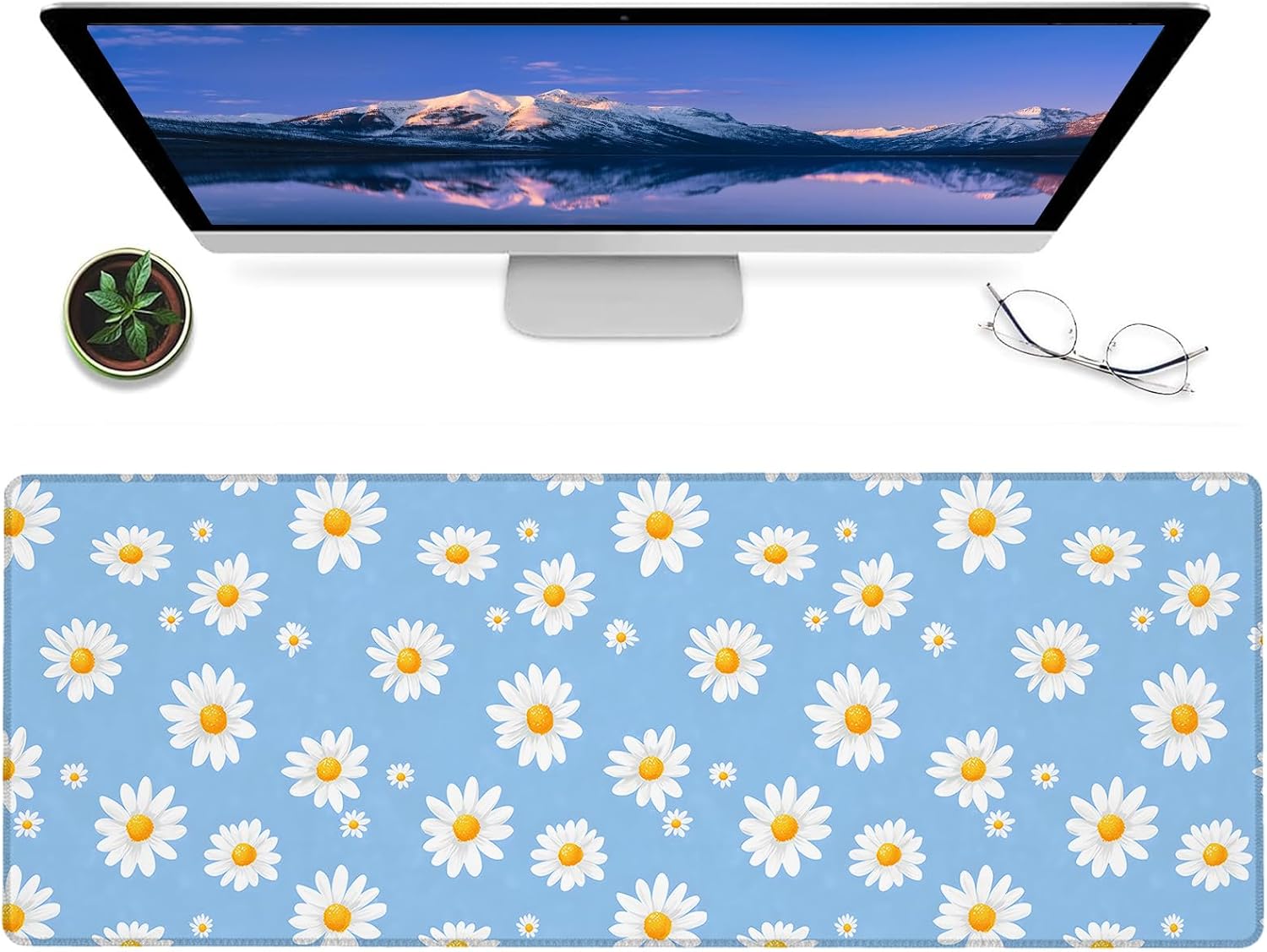 Daisy Flower Gaming Mouse Pad,12x31.5in Non-Slip Rubber Elegant Floral Desk Mat,Large Extended White Daisies on Blue Mousepad for Office Home Laptop,Mice Pads Gifts,Game Lover Deskmat Decor