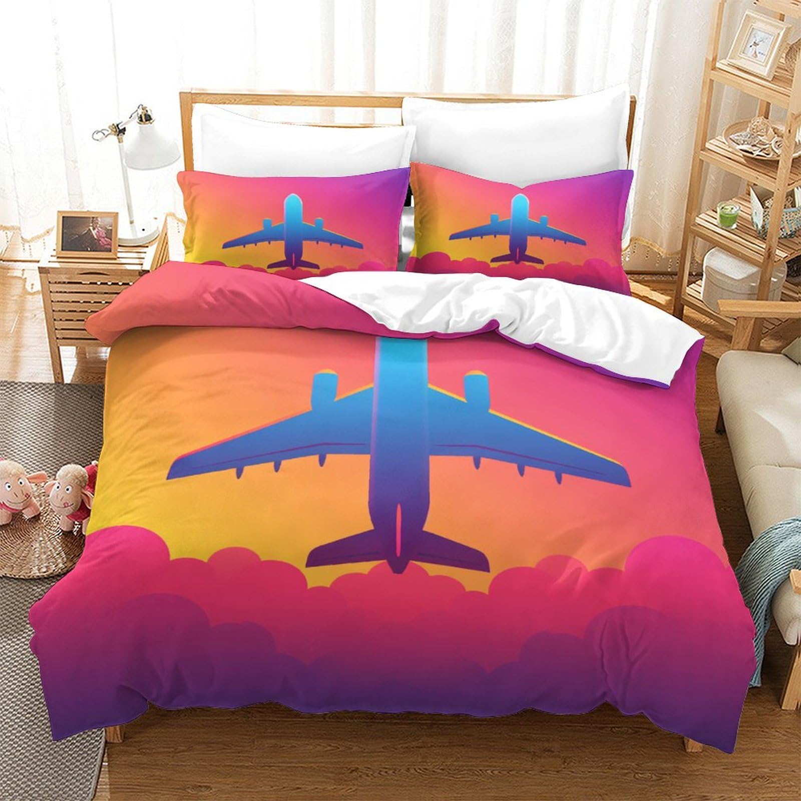 Housse de couette avion 260x220 cm avec taies d'oreiller lit super king