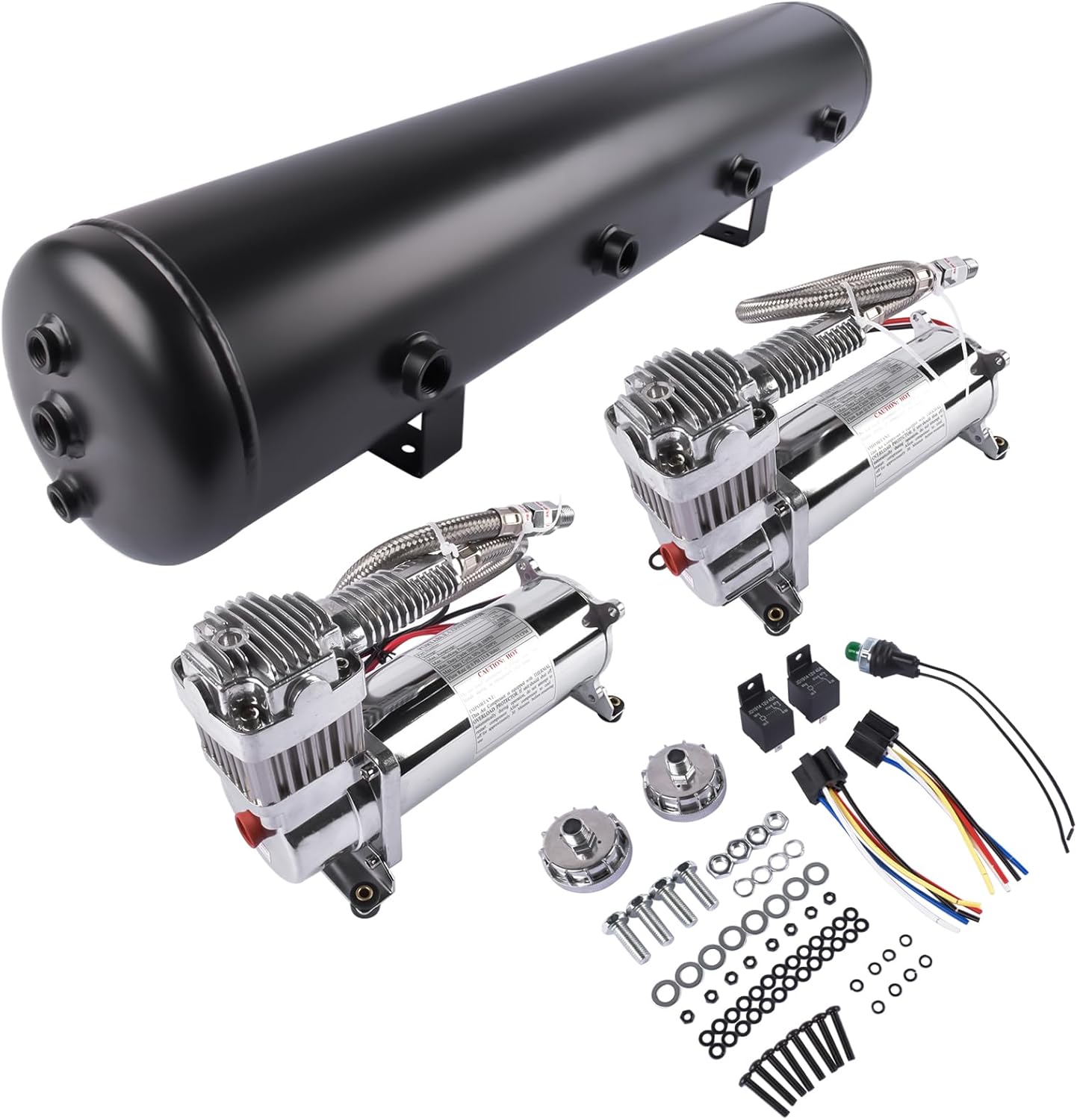 Chrome 580 Air Compressors System Kit 5 Gal Tank Pressure Switch 150 psi on / 180 psi Off & 40 Amp Relay for Air Ride Suspension Mixizap