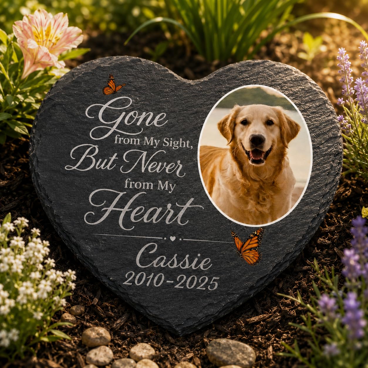 Bemaystar Dog Memorial Gifts, Personalised Pet Memorial Plaque with Photo & Name, Natural Slate Keepsake for Dogs & Cats, Garden & Home Display,Heart 1