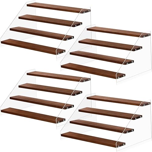 Queekay Paquete de 4 soportes de exhibición de madera acrílica, estante de exhibición escalonado de madera, estantes organizadores de acrílico