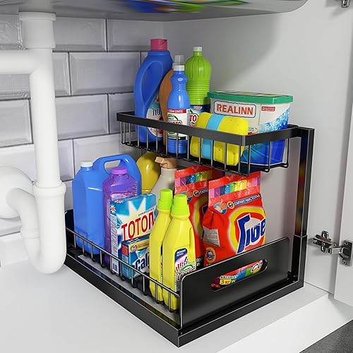 REALINN Under Sink Organizer, Pull Out Cabinet Storage 2 Tier