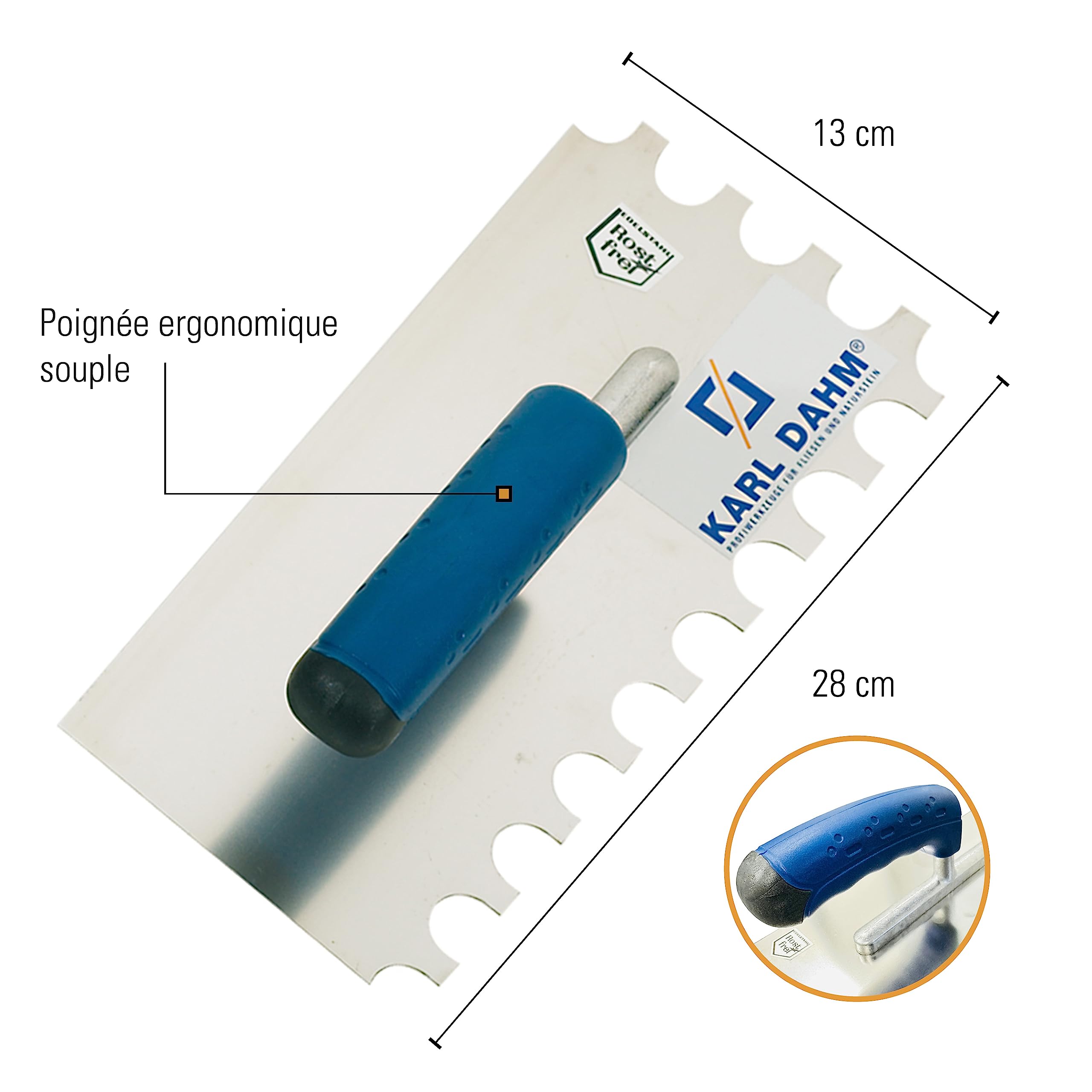 Karl Dahm Truelle Dentée Softgrip Inoxydable Demi-Lune 20/20mm Manche Souple Ergonomique pour Collage Facile