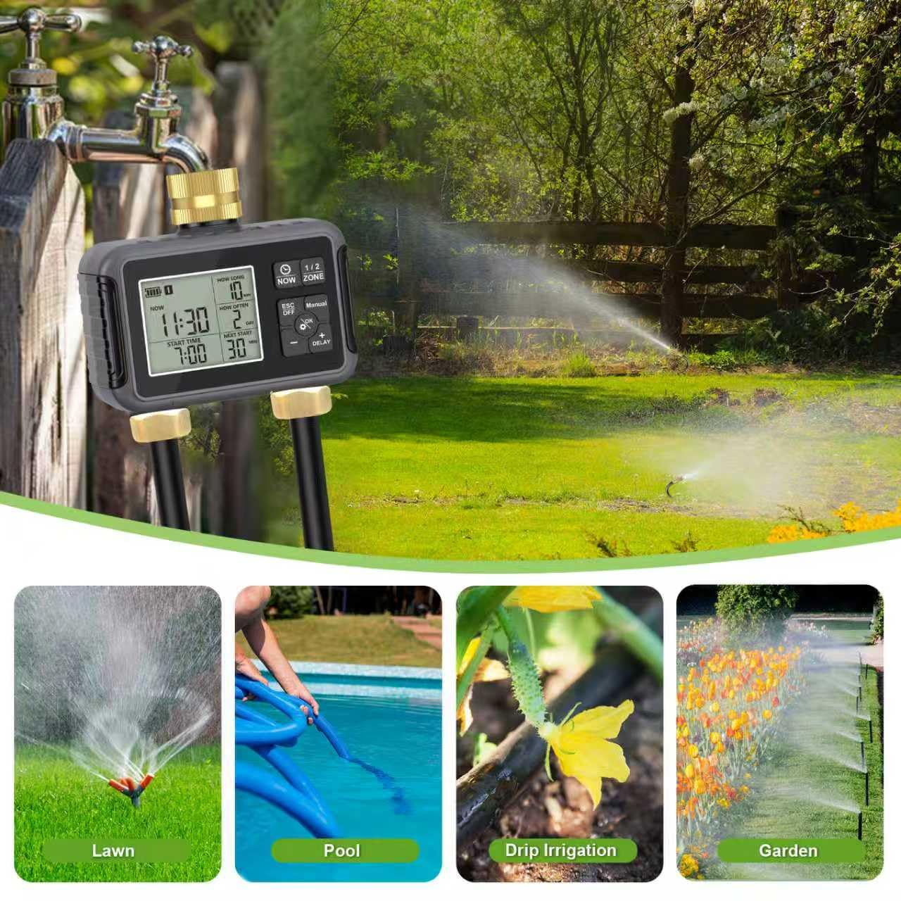 Sistema di irrigazione a goccia da 30 m con timer intelligente – Kit di irrigazione automatica da giardino con connettori in ottone a doppio tubo metallico, ugelli regolabili a 360° e tubo pieghevole