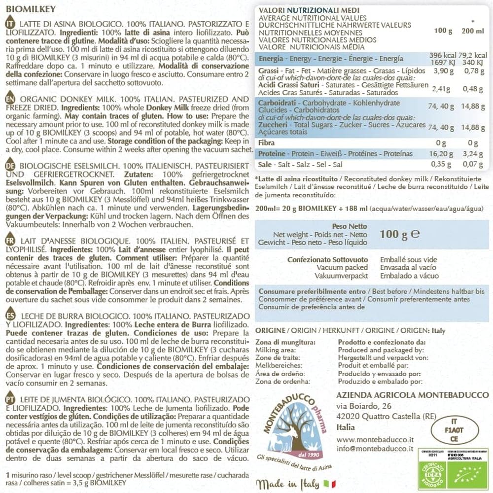 Lait d'ânesse en poudre 100 g (produit pasteurisé et lyophilisé = 1 L), utilisation alimentaire (à boire),goût délicat Biologique Expédition vers l'Europe