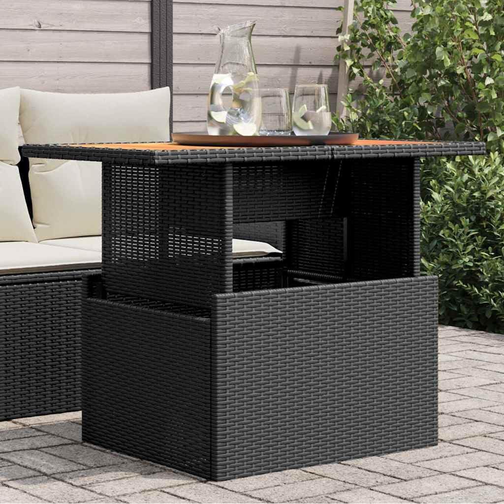 Garden Coffee Table Black PE Rattan Powder-Coated Steel Solid Acacia Wood Adjustable Height Patio Furniture Outdoor Table for Dining and Casual Coffee