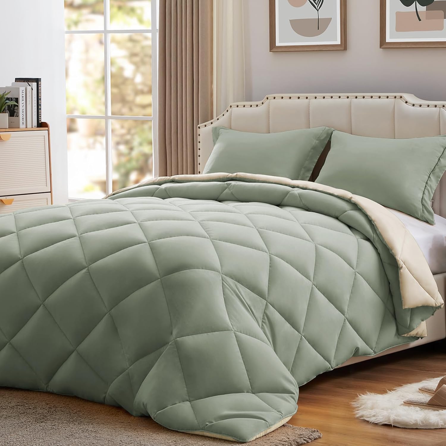 NexHome Twin Comforter Set Sage&Beige,2 Pieces Lightweight Comforters Twin Size Reversible Bedding Comforters Sets,Down Alternative Comforter Bed Set Quilt Blanket(68x88In Comforter & 1 Pillowsham) 01-sage & Beige Twin(68"*88")