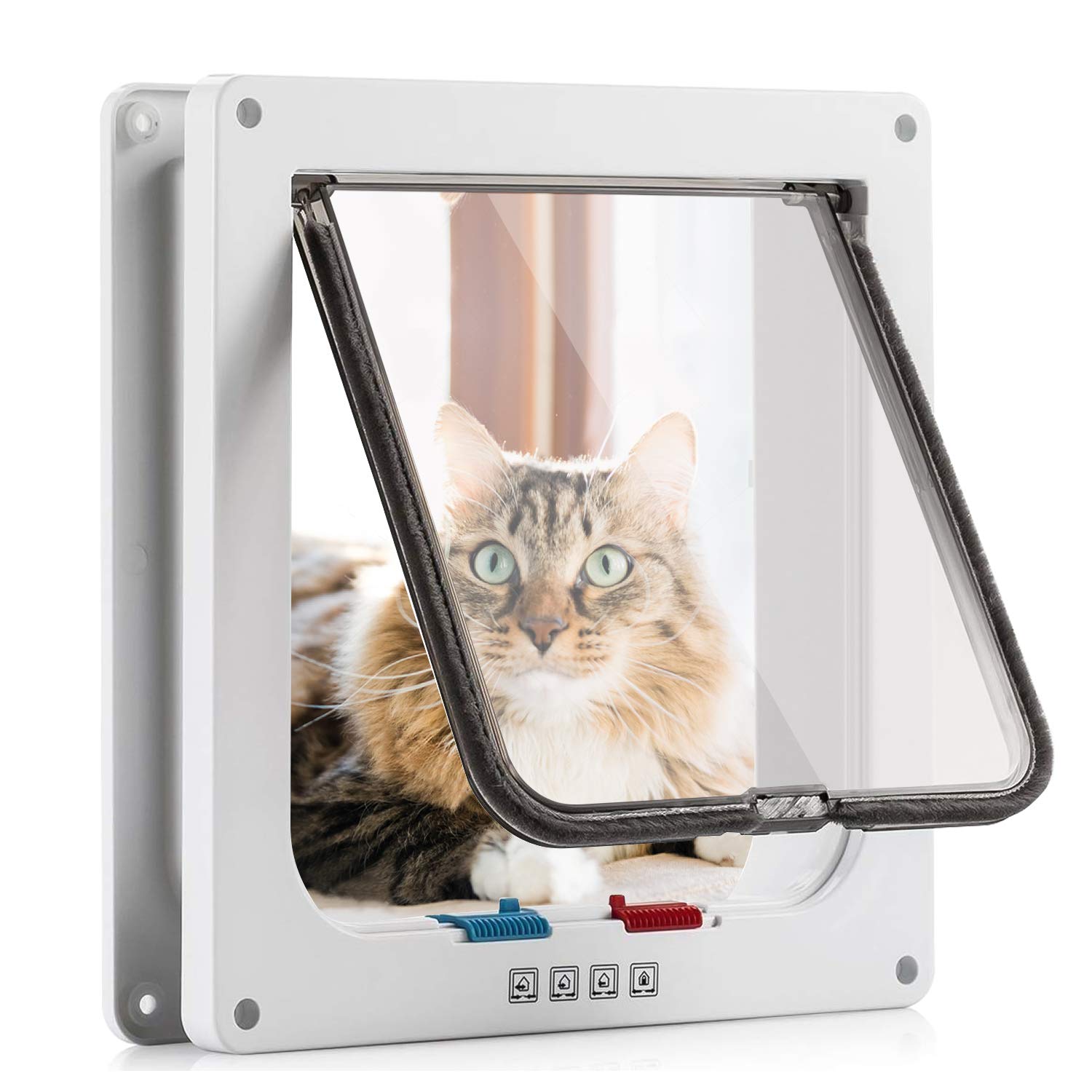 Sailnovo Puerta de Gato (tamaño Exterior 19 x 20 x 2,1 cm), Puerta para Gatos con 4 bloqueos para Puertas Interiores y Exteriores, Resistente a la Intemperie para Gatos y Perros, fácil instalación