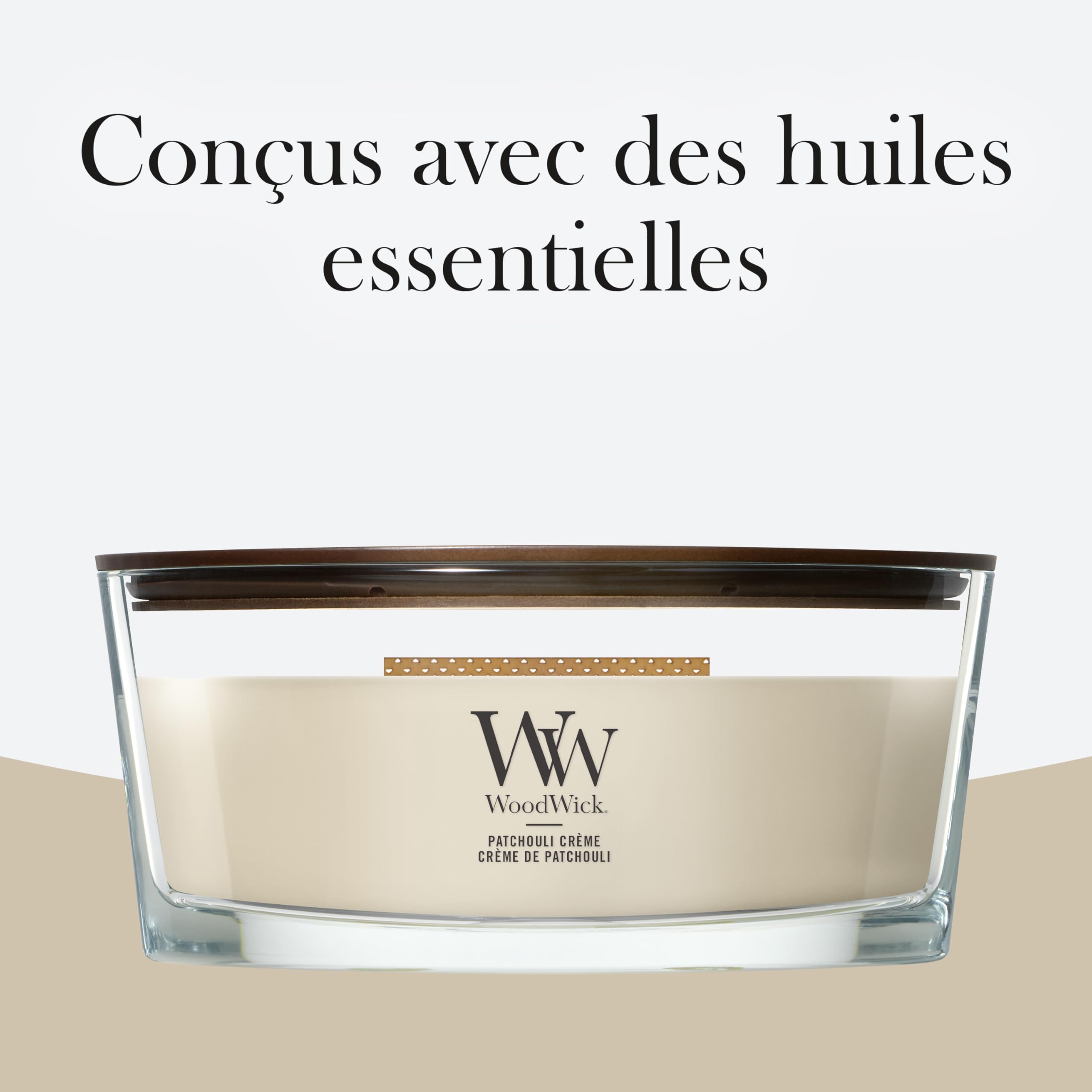 WoodWick Bougie parfumée avec mèche crépitante | Bougie Ellipse Patchouli Crème | Bougies à combustion longue : Jusqu’à50pk heures de combustion | Le cadeau parfait pour les femmes