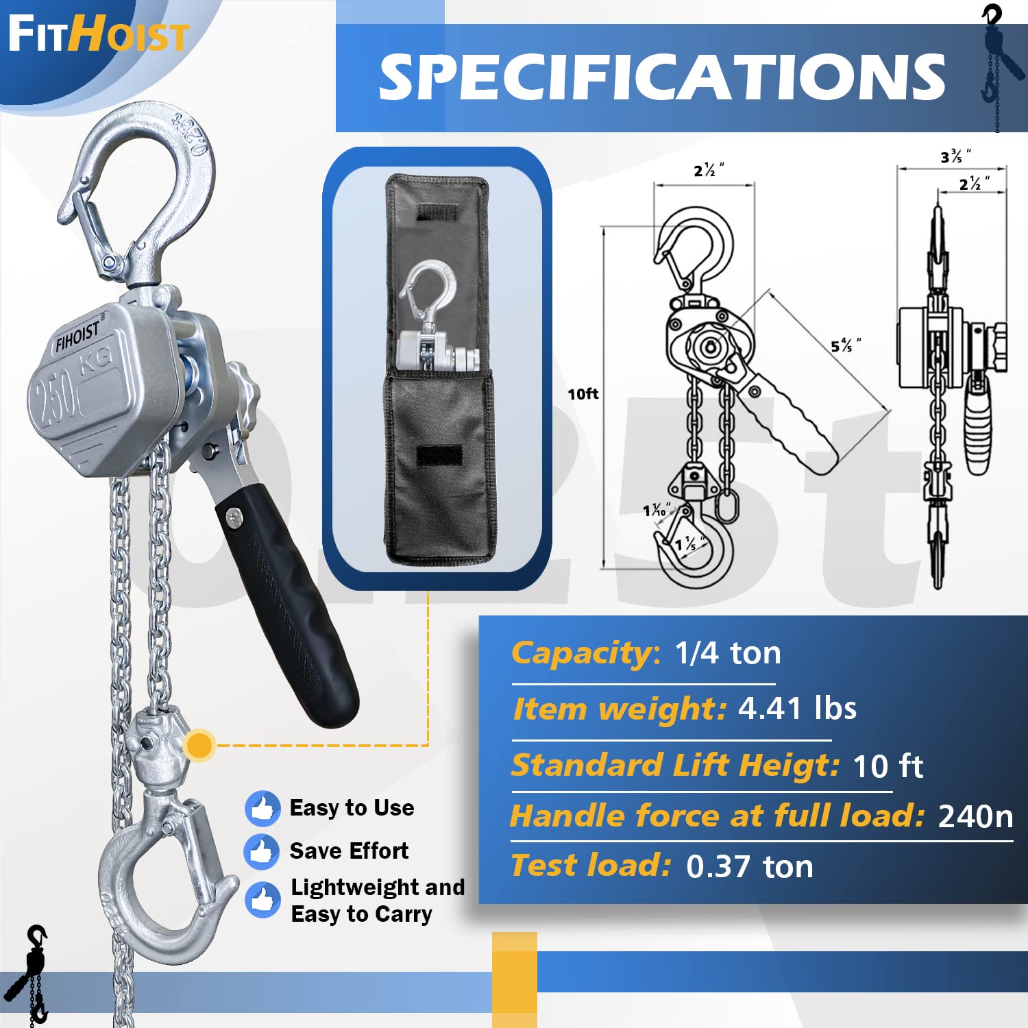 FITHOIST Mini Lever Hoist 1/2 Ton, Chain Hoist Come Along 1100 LBS 5FT, Aluminum Alloy Mini Puller Hoist G80 Chain with Safety Hook, for Lifting Pulling Garages Warehouse Workshop: Industrial & Scientific