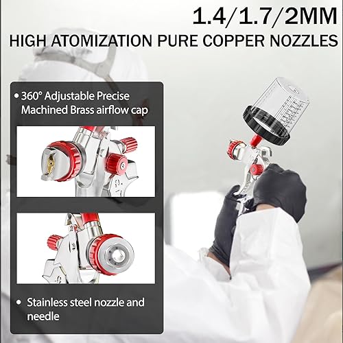 Miniatura 3 de GATTLELIC HVLP Spray Gun with Air Compressor Regulator 10pcs 600cc Mixing Cup and Lids, Air Spray Paint Gun with 1.41.72mm Nozzles, Automotive Paint