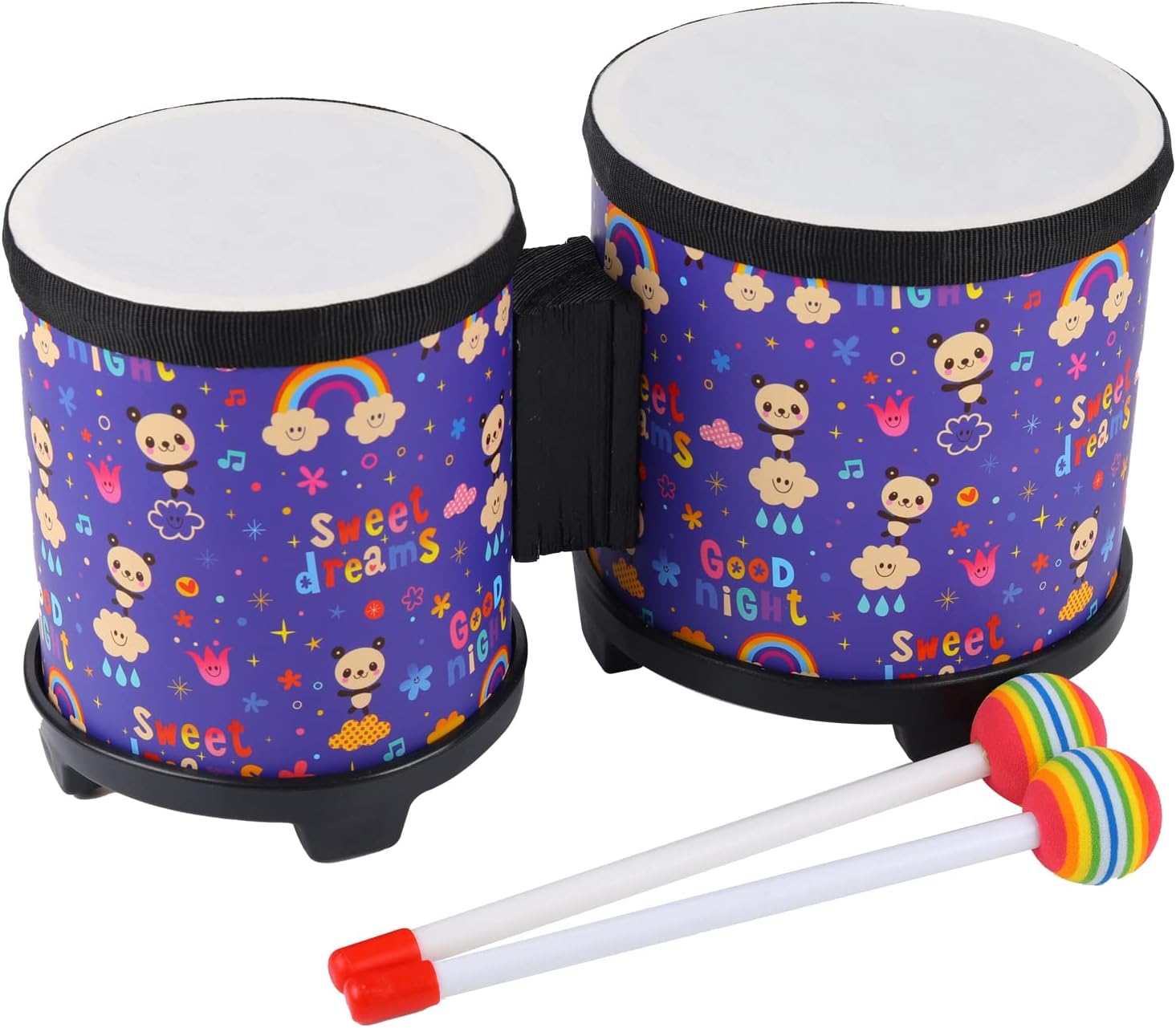Bongo Floor Tom Drums Set for Kids: Children Drum Percussion Music Instrument with 2 Mallets for Children- Preschool Montessori Floor Babies Drum (Rainbow 5″ to 6″)