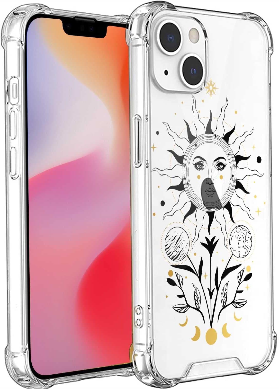 FIAWAXCompatible with iPhone 14 Moon Sun Case, Celestial Magic Flower Sun and Moon Planets Groovy Graphic for iPhone Case Women Girls, Soft TPU Slim Anti-Slip Protective Case for iPhone