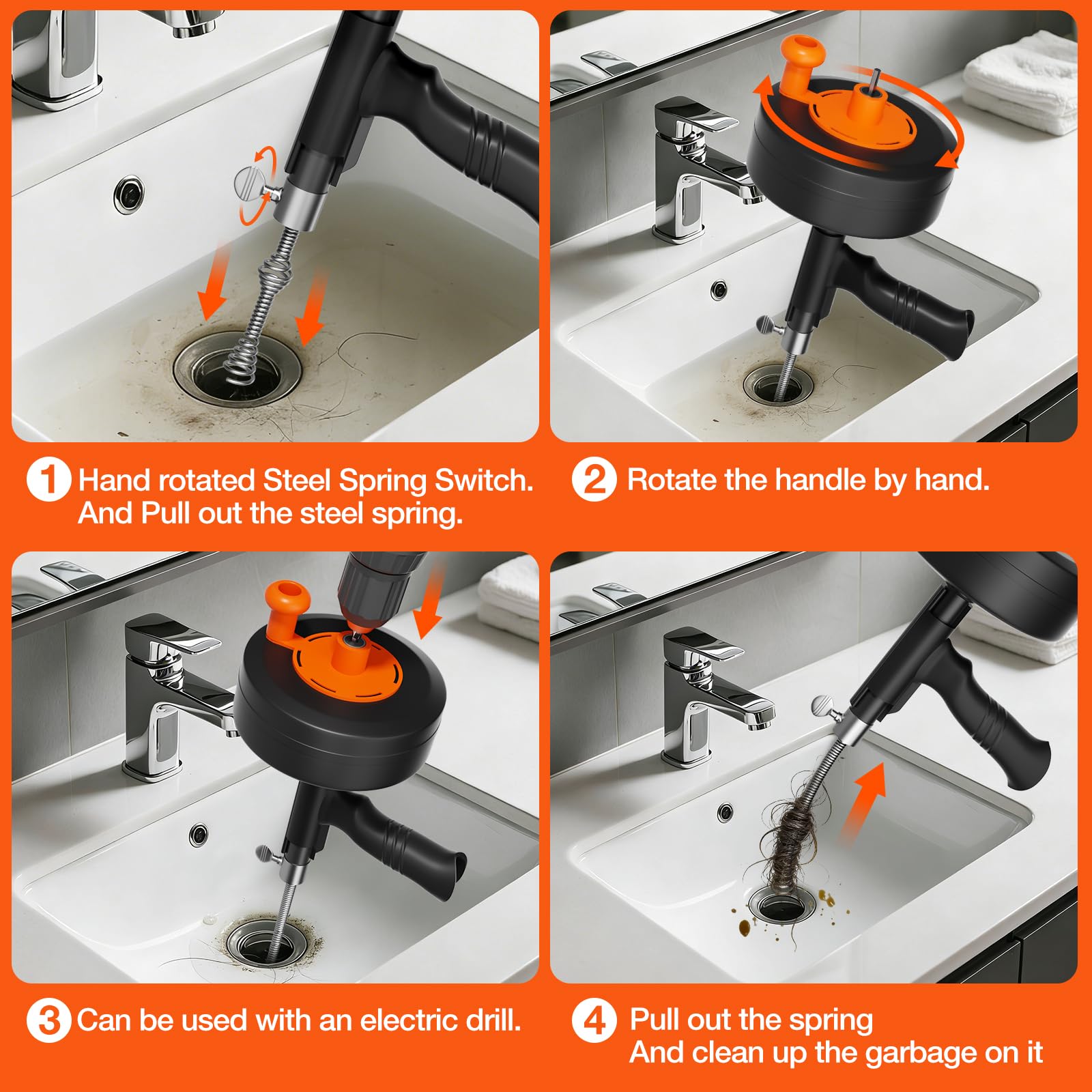 Taladro de drenaje resistente de 25 pies, serpiente de fontanería profesional con adaptador de taladro, removedor de obstrucciones manual y eléctrico para cocina, baño, fregadero de ducha y bañera