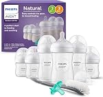 Philips Avent Ensemble de cadeaux pour nouveau-nés - Bouteilles avec Nipples de réponse naturelle, 3 x 4oz/125ml (Débit lent, débit 2), 3 x 9oz/260ml (Débit moyen, débit 3), Soothie 0-3m & Brosse à bouteille, SCD837/04