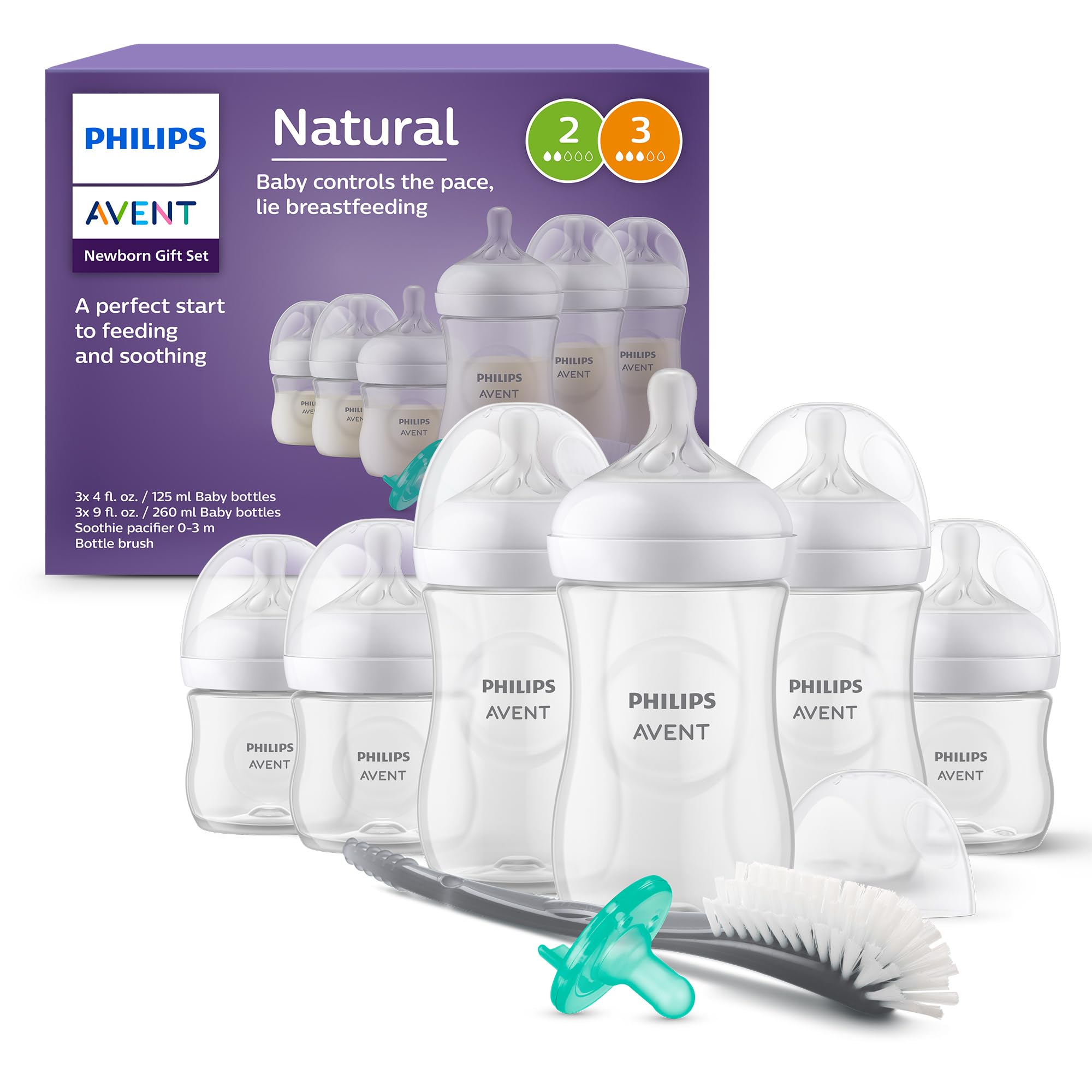 Philips Avent Newborn Gift Set - Bottles with Natural Response Nipples, 3 x 4oz/125ml (Slow Flow, Flow 2), 3 x 9oz/260ml (Medium Flow, Flow 3), Soothie 0-3m & Bottle Brush, SCD837/04 - 1