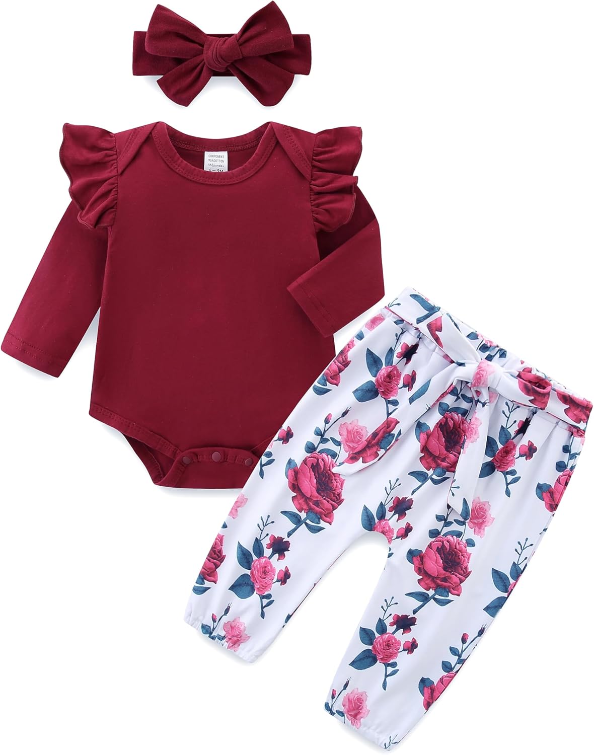 Bibimom Infant Girl Clothes Long Sleeve Ruffle Bodysuit Floral Pants Bow Headband Sets Fall Winter Spring Outfits