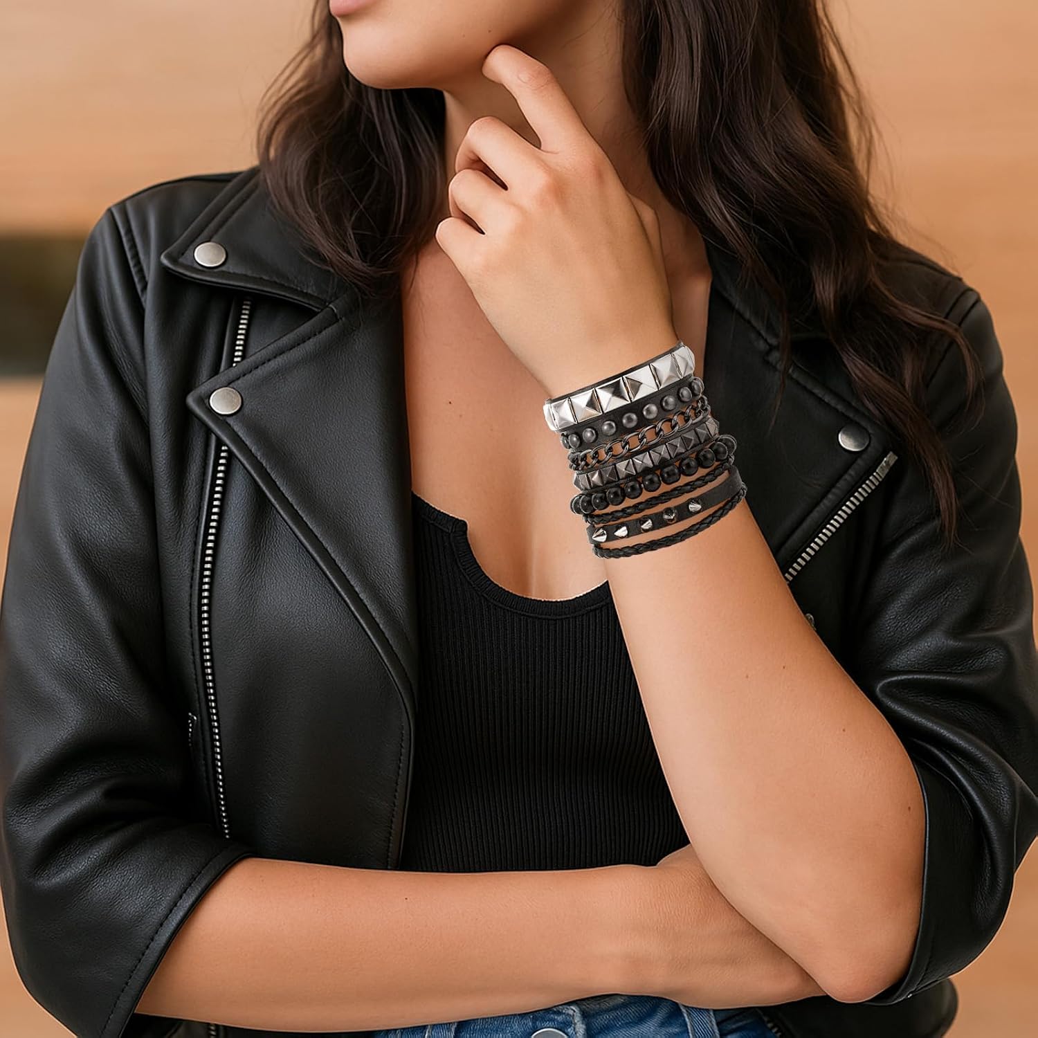 4 Pcs Studded Bracelets, Spiked Leather Punk Rock Cuff Bracelet Adjustable Goth Bracelets for Men Women 80s Emo Accessories Gothic Jewelry thumbnail