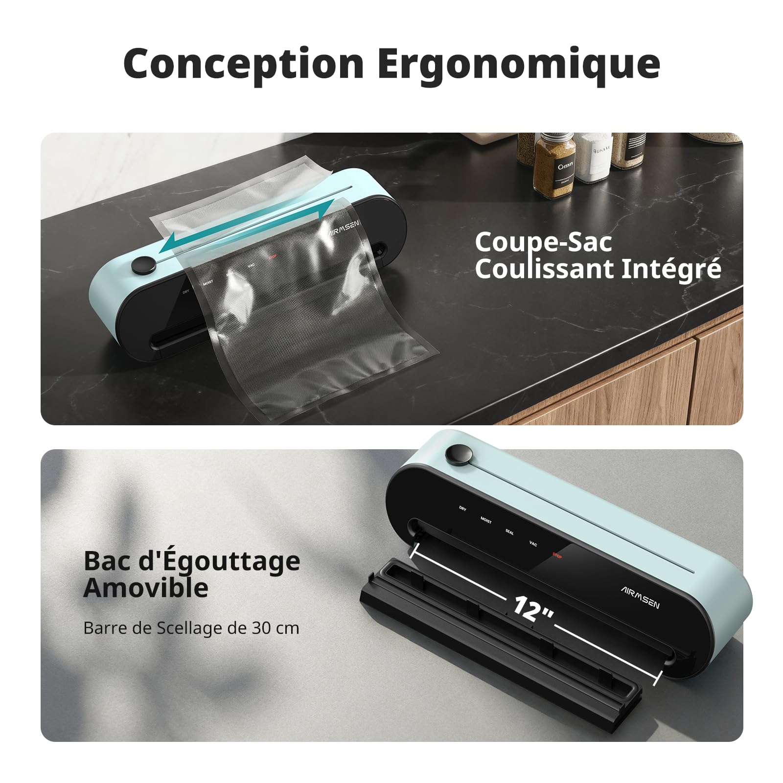 AIRMSEN Machine sous Vide 6-en-1 Entièrement Automatique avec Fonction de Gonflage, Aspiration Profonde Automatique, Coupe-sac Intégré et Rangement de Tuyau, Modes Sec & Humide, Vert Menthe