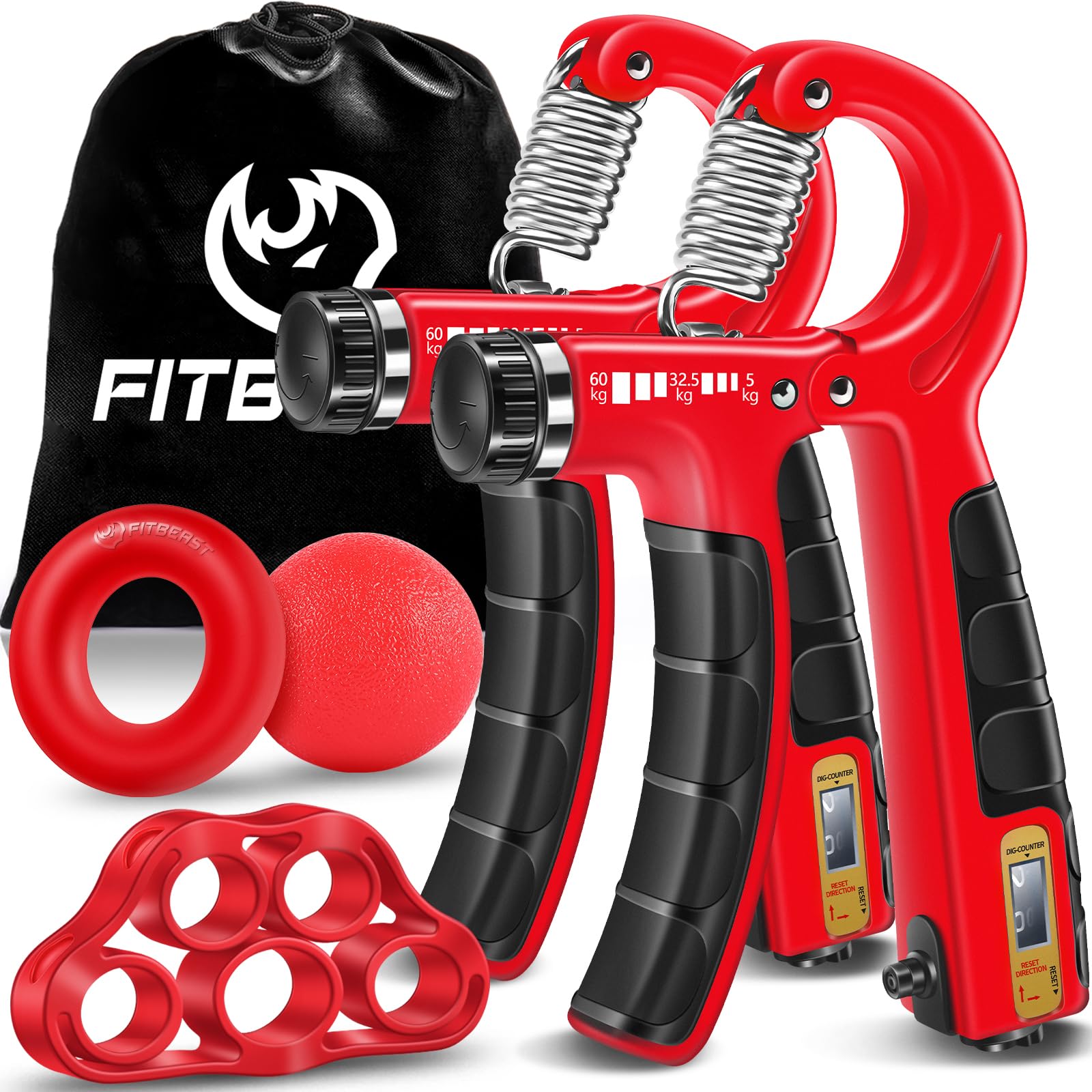 FitBeast Kit di Allenamento per Rinforzare la Presa 5 Pezzi, 2 Regolabili per Avambraccio, Estensori per Dita, Anello di Presa e Palla Antistress per Atleti