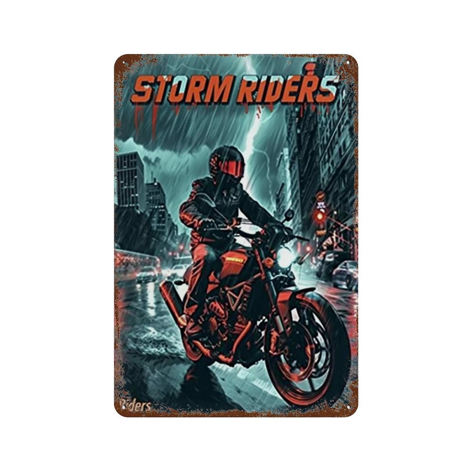 YHGERTKU Storm Riders Rainy City Lightning Biker 01 Wall Art Retro Iron Vintage Metal Tin Sign Poster Modern Decor for Living Rooms Gift 30x20cm
