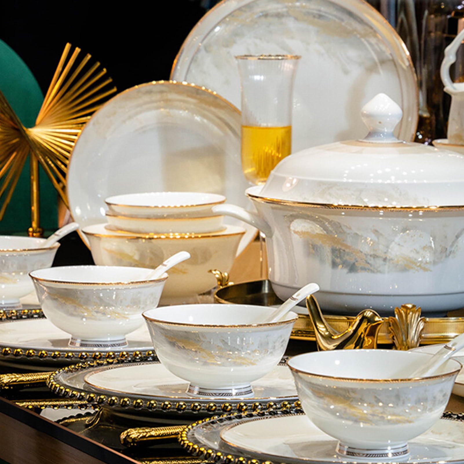 Zestaw zastawy stołowej, porcelanowa zastawa stołowa dla 6 osób, zawiera talerze, miski, łyżki i pałeczki, nadaje się do kuchenki mikrofalowej i piekarnika, 30 sztuk