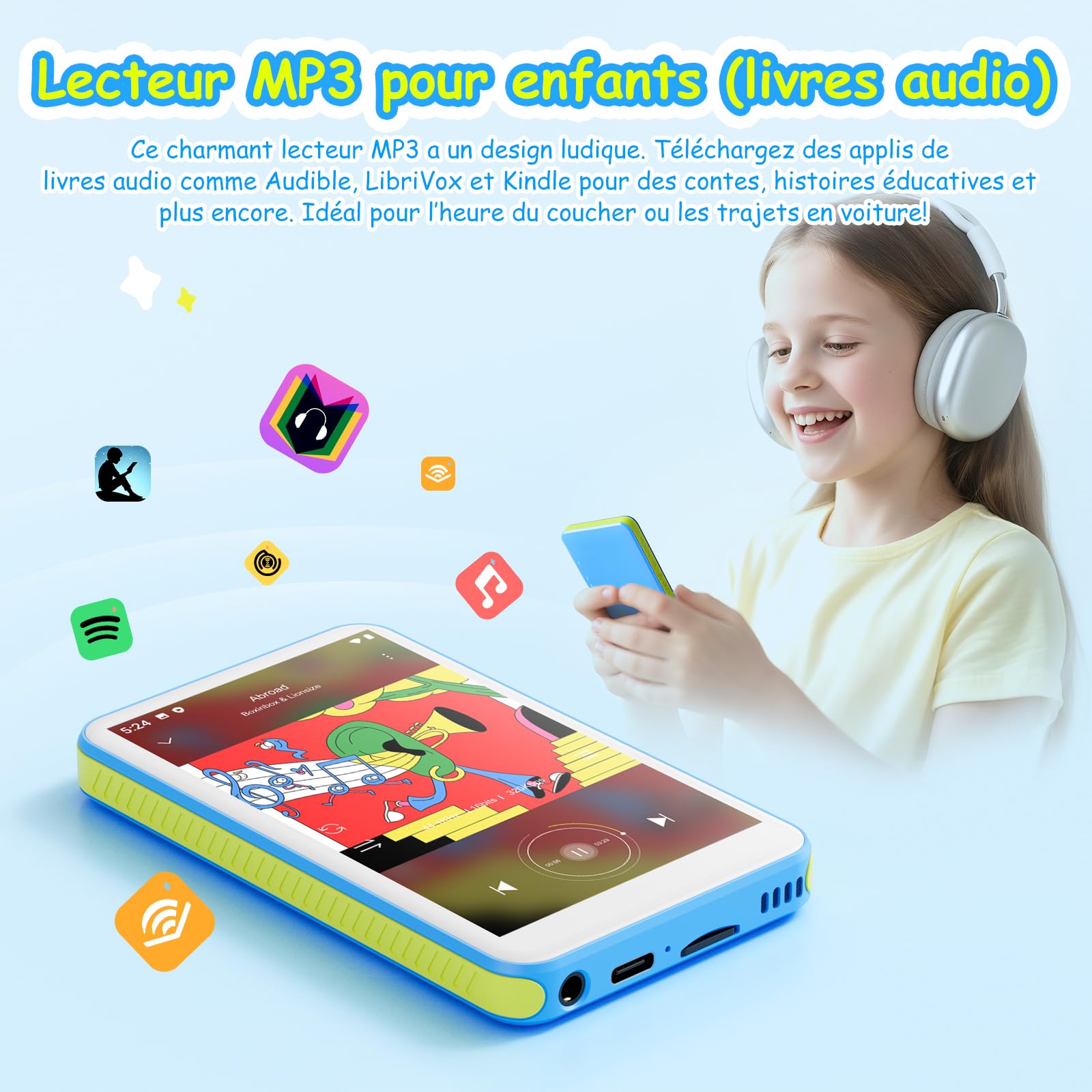 132GB MP3 Players with Bluetooth WiFi, Lecteur de Musique pour Enfants, 2000mAh MP4 Players with 4 Pouces Touchscreen, Android 13 OS Music Players with Spotify, Pandora, Deezer, Audible, Play Store