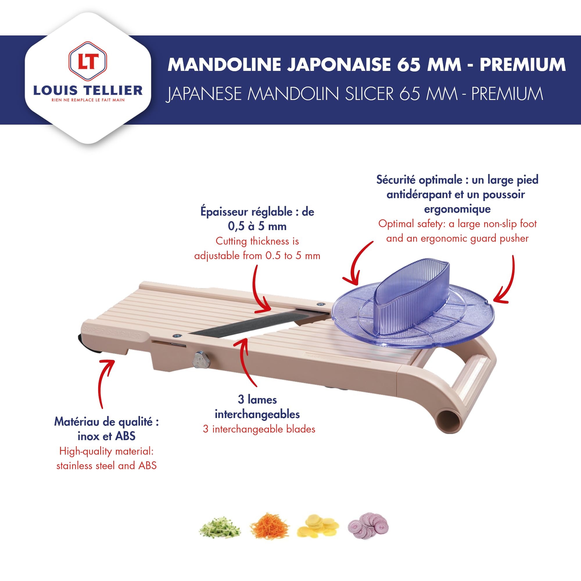 Benriner - Mandoline Japonaise Premium 64 mm + Poussoir de sécurité 65 mm - ABS + Inox - Tranche Fruits et Légumes et Réalise Frites et Juliennes - 3 Lames Interchangeables