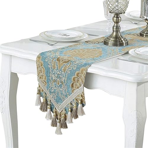 Camino de mesa de lujo bordado de tela jacquard con múltiples borlas para comedor, aparador, decoración de fiesta de boda, 13 x 82 pulgadas, azul