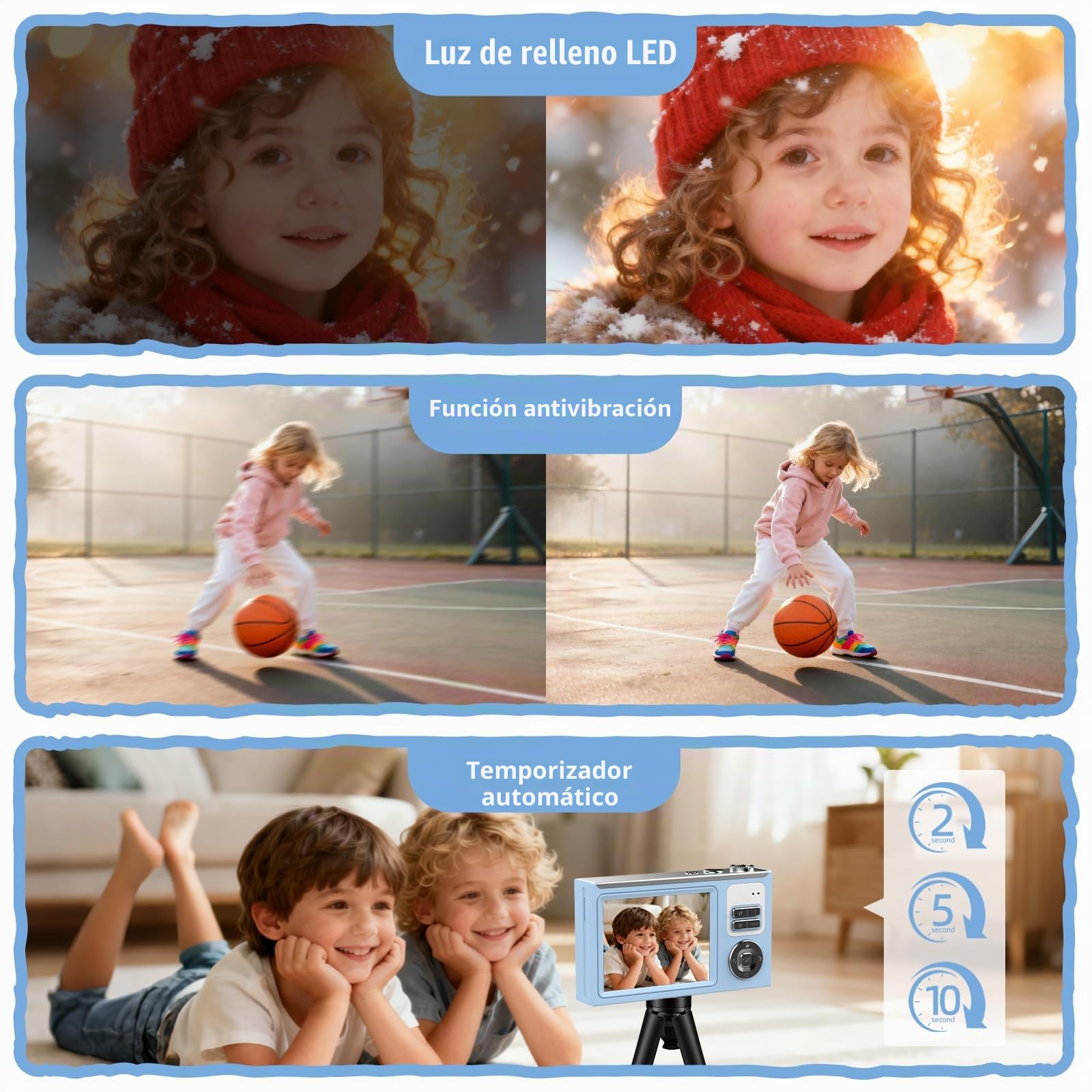 Cámara digital de 64 MP 4K para niños con pantalla IPS de 2.8", tarjeta SD de 64 GB y zoom digital de 16X. Antivibración, cámara compacta compacta y portátil. Regalo pequeño para niños, niñas y estudi