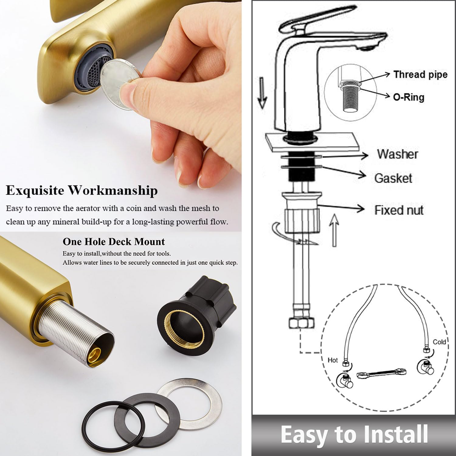 TOCALOCA Tall Bathroom Faucets Brushed Gold One Hole Single Handle Lever Faucet for Vessel Bowl Sink Premium Brass — view 6