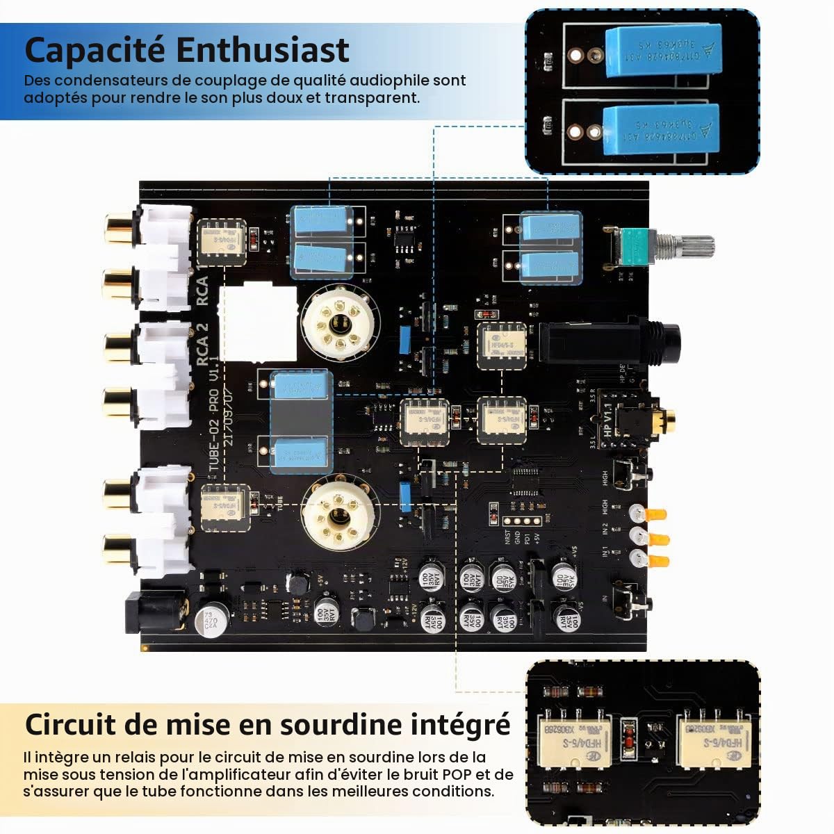 Tube 02 Pro Amplificateur de Casque Classe-A Mini Pré-Amp 5725 DC12V Noir