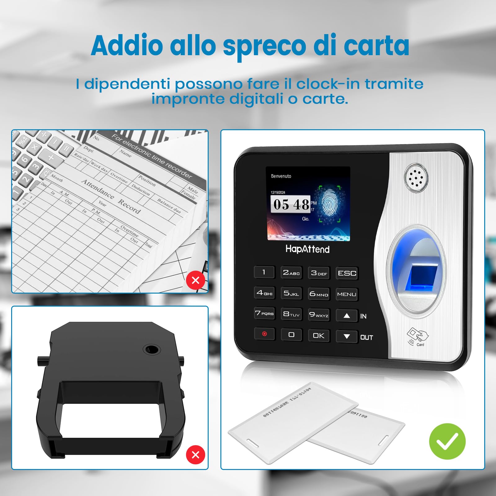 Rilevatore presenze, HapAttend Italiano timbracartellini lettore con impronte digitali e 5 badge RFID, H3 timbratrice presenze dipendenti Checking-in registratore orologio tempo per piccole imprese