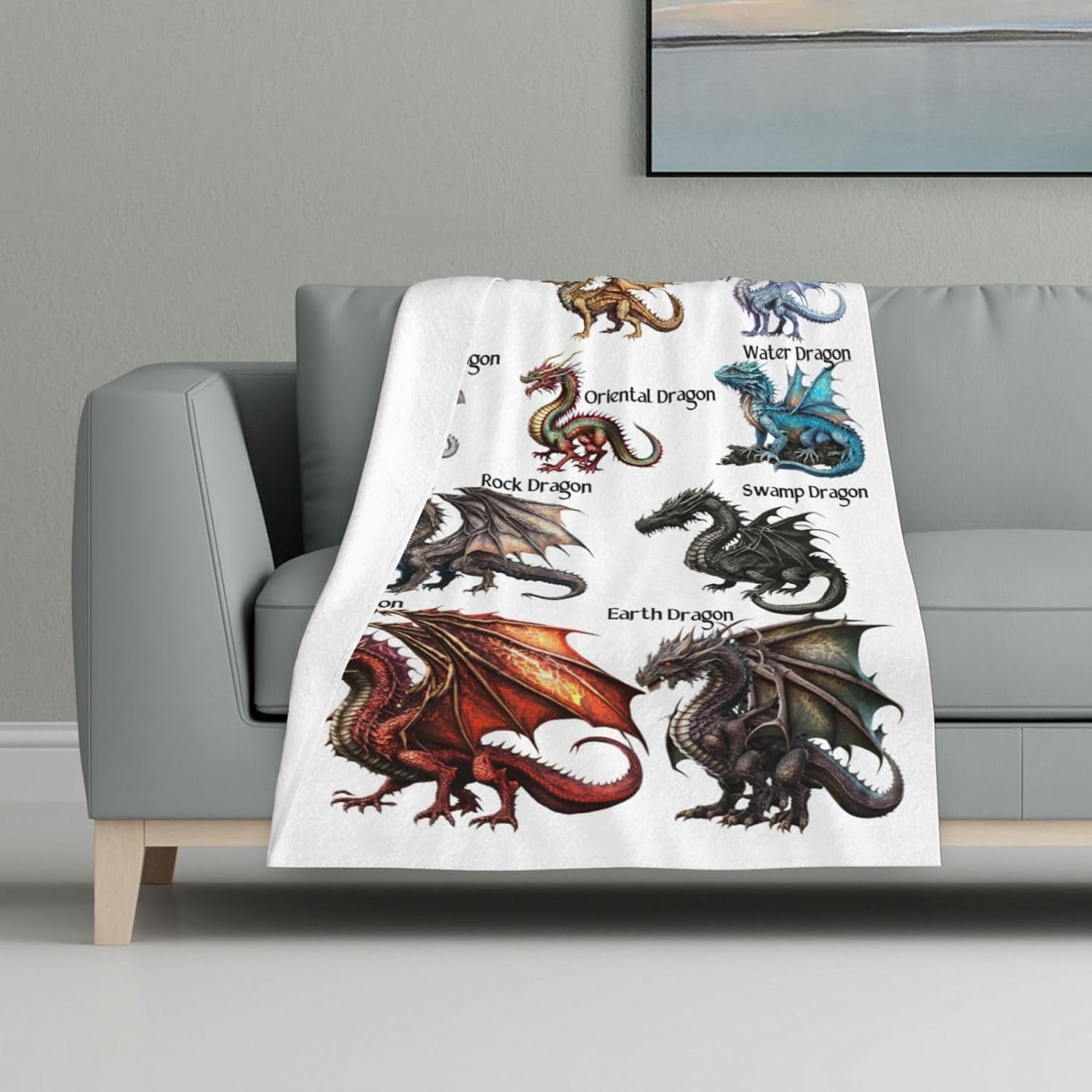 Dragon Throw Blanket, 80" x 60" Flannel Cute Dragons Themed Stuffed Animal White Throw, Soft Nap Throw Blanket for for Boys Girls Women Dragon Lovers