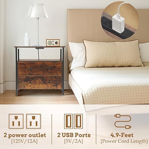 Miniatura 5 de Mesita de noche de 27 pulgadas de ancho con estación de carga, mesita de noche con estante abierto, cómoda pequeña de madera con 2 cajones, mesita