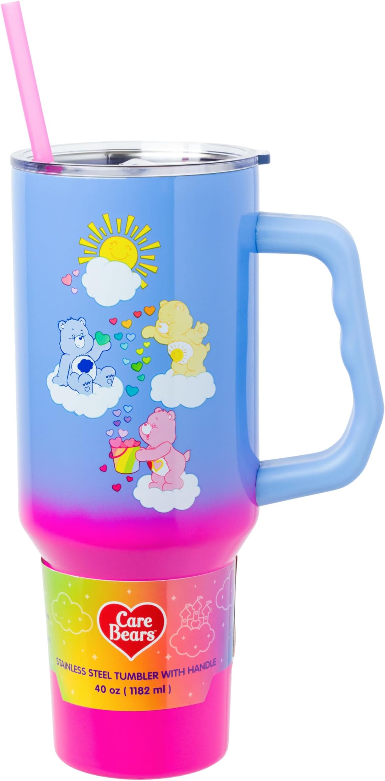 Silver Buffalo Care Bears Ombre Stainless Steel Travel Tumbler with Handle, Lid, and Reusable Straw | Holds 40 Ounces