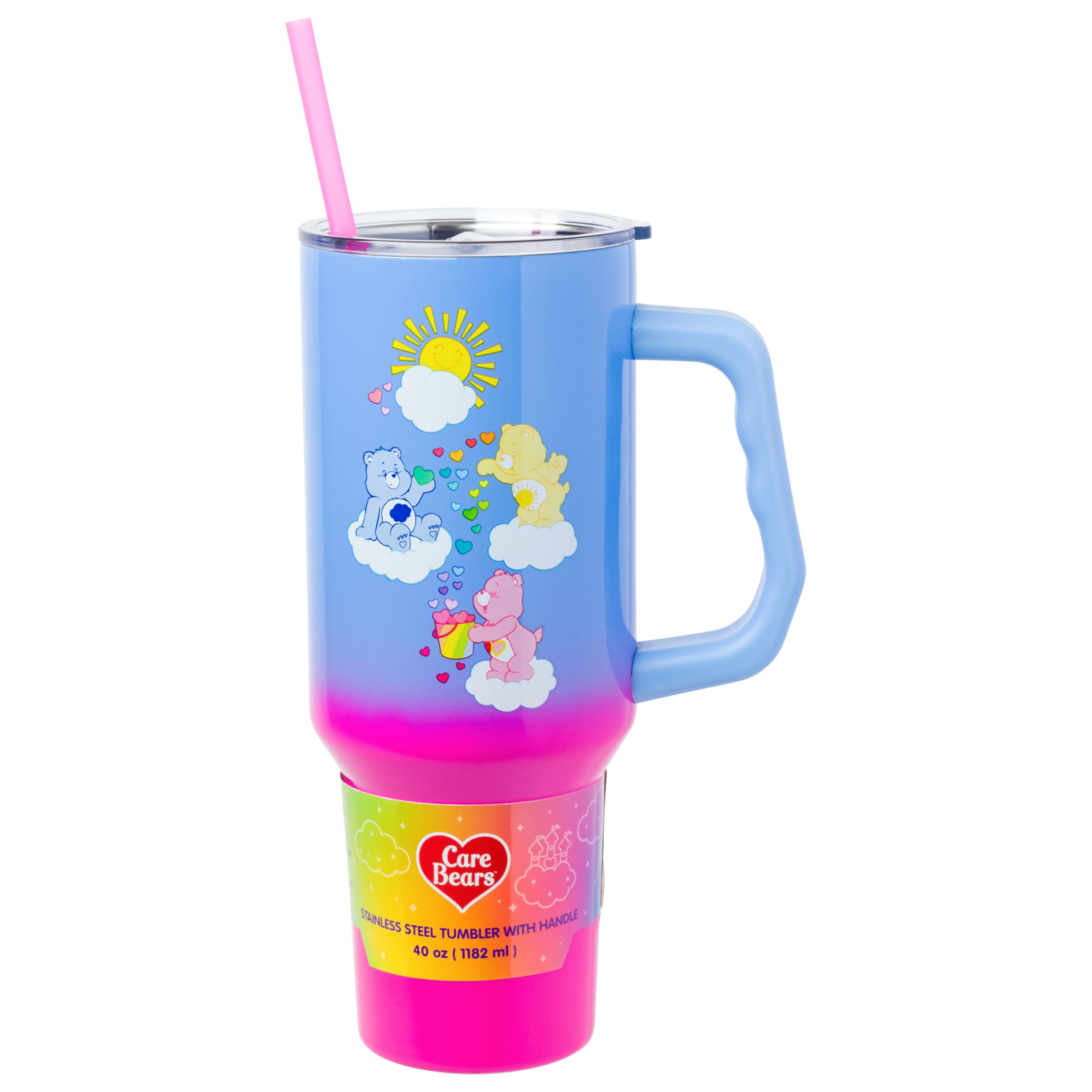 Silver Buffalo Stainless Steel Care Bears Tumbler, 40 Ounces, Pink and Blue Ombre, Fits Standard Cup Holder, Officially Licensed