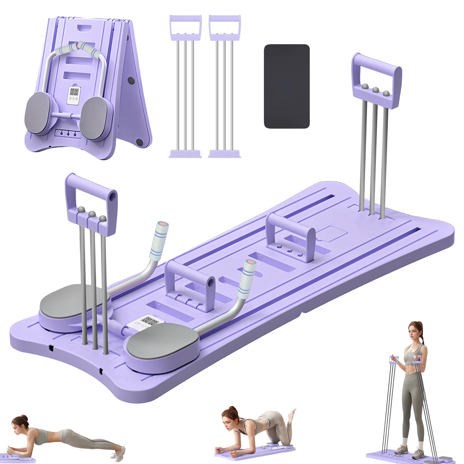 Pilates Reformer, Pilates Board Pliable, Planche Pilate Multifonctionnelle avec Rouleau Abdominal Rebond Automatique, Pompes et Corde de Tension, Kit Pilates Maison