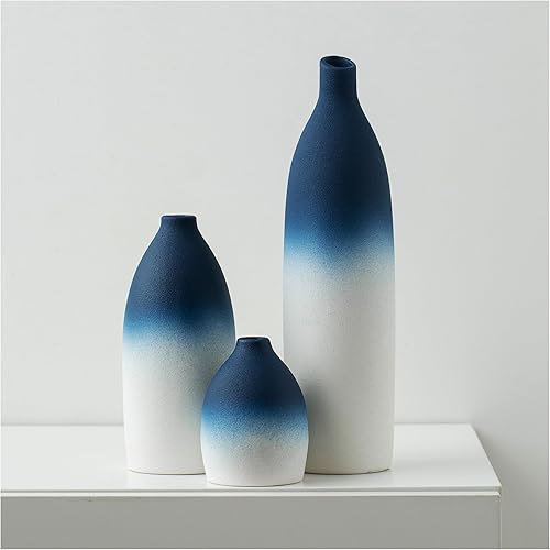 Juego de jarrones azul y blanco para decoración costera de isla de cocina, sala de estar, mesa de oficina, chimenea, decoración de repisa y baño,