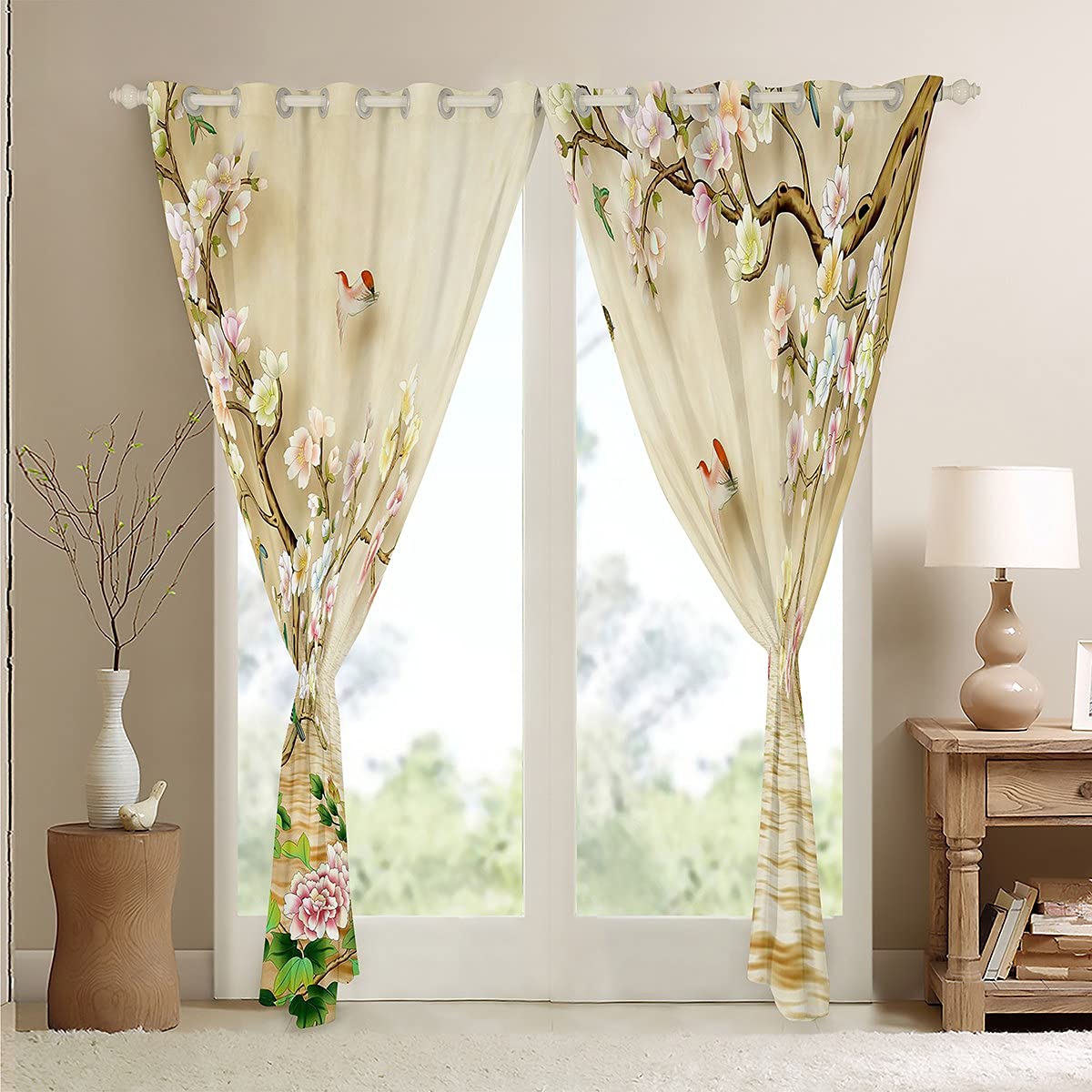 Floral Curtain Colorful Blossom Flowers Window Drapes for Kids Boys Girls Cute Butterflies Birds Window Curtains for Bedroom Nature Herbs Plants Window Treatments W66*L72 - Image 4