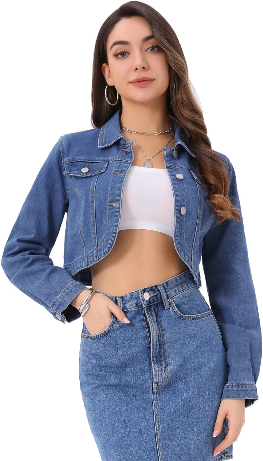 Allegra K Denim Jacket for Women's 2025 Casual Collared Long Sleeve Crop Jean Jackets