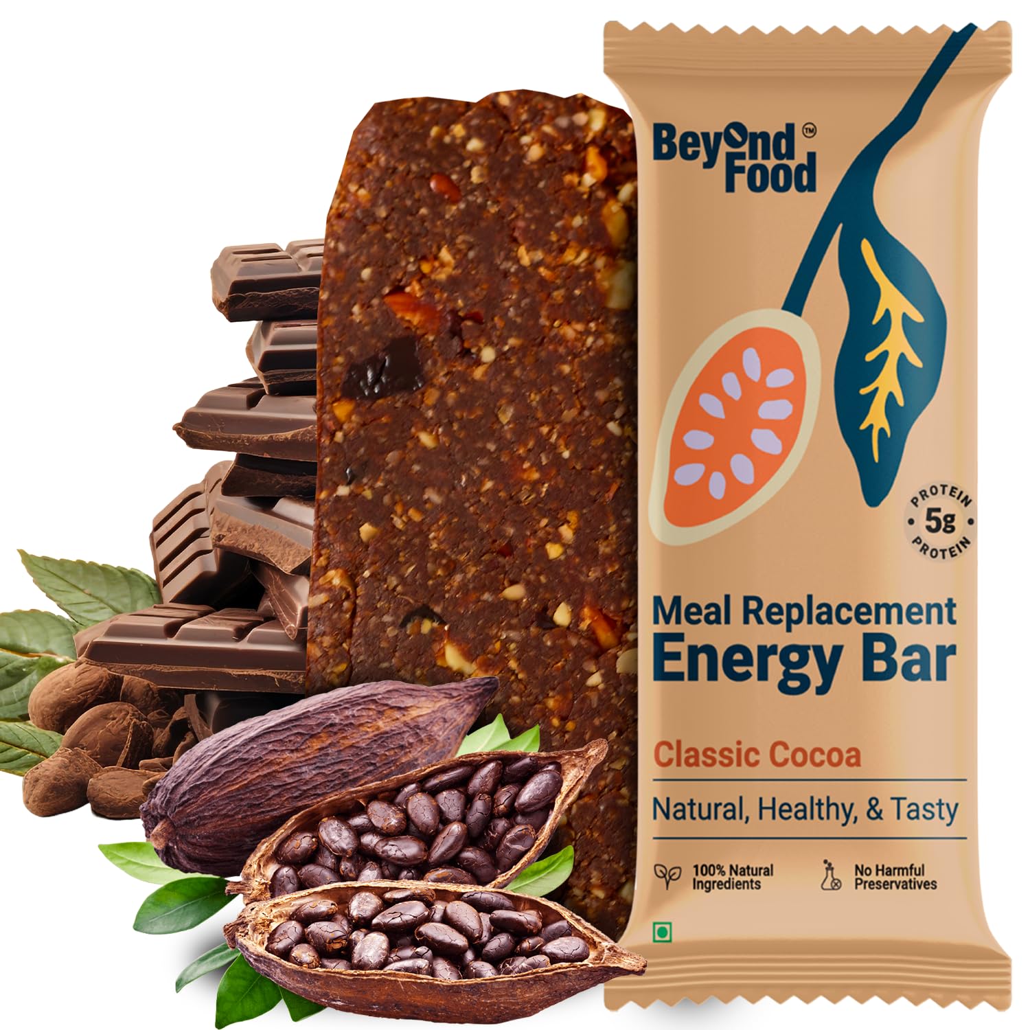Beyond Food Meal Replacement Bars (Pack of 6, 220 Kcal Each) | 5g Rich Protein | No Added Sugar | Made with Dates, Nuts, Seeds & Dry Fruits | Healthy Snacks for Energy & Fitness | Classic Cocoa Box