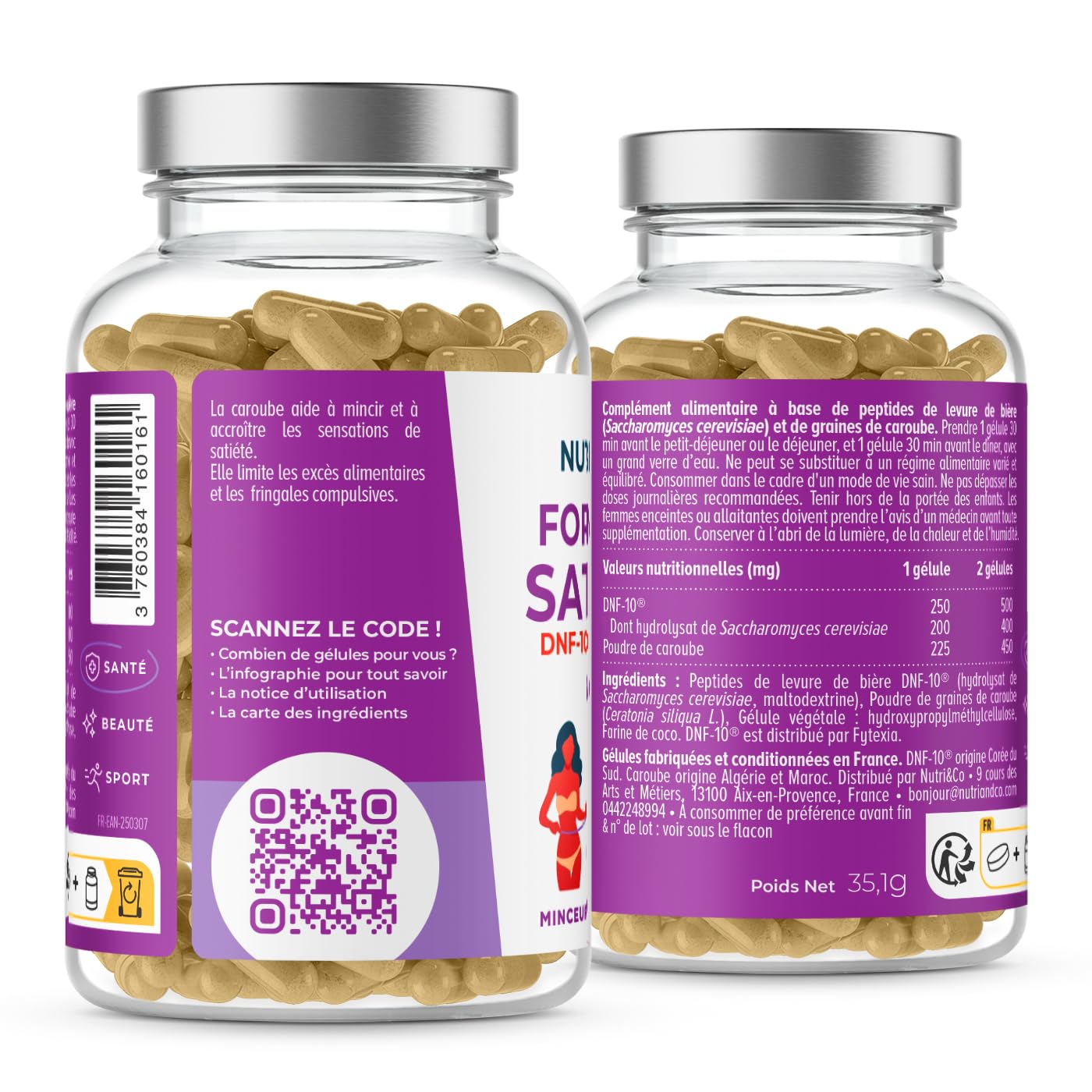 NUTRI & CO Formule Satiété - DNF-10® & Caroube - 2en1 Réduction d'Appétit - Complément Alimentaire Perte de Poids Minceur - Cure 1mois - 60 gélules Vegan - Fabriqué en France