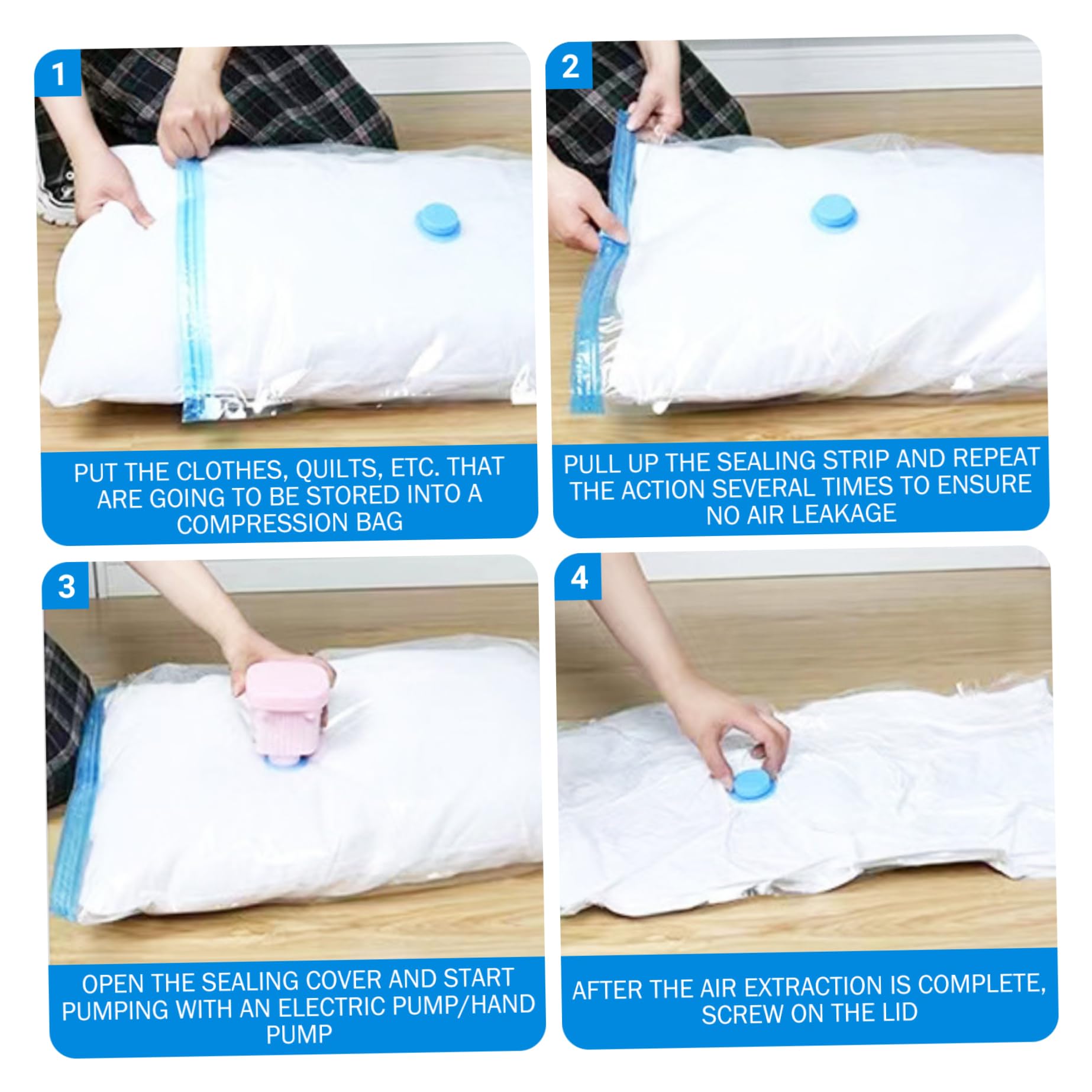 Platzsparende Beutel im 12er-Pack, Kompressionsbeutel mit manueller Pumpe, 4 M/L/XL-Vakuumaufbewahrung für saisonale Kleidung, Decken und Reiseverpackungen.