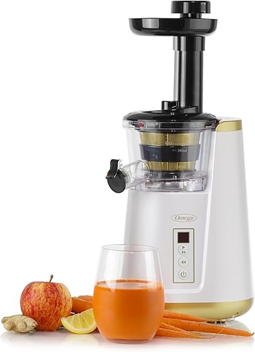 Omega Exprimidor de prensa en frío 365 vertical 65 RPM lenta masticación compacta extractor para frutas y verduras con barrena de 3 etapas y