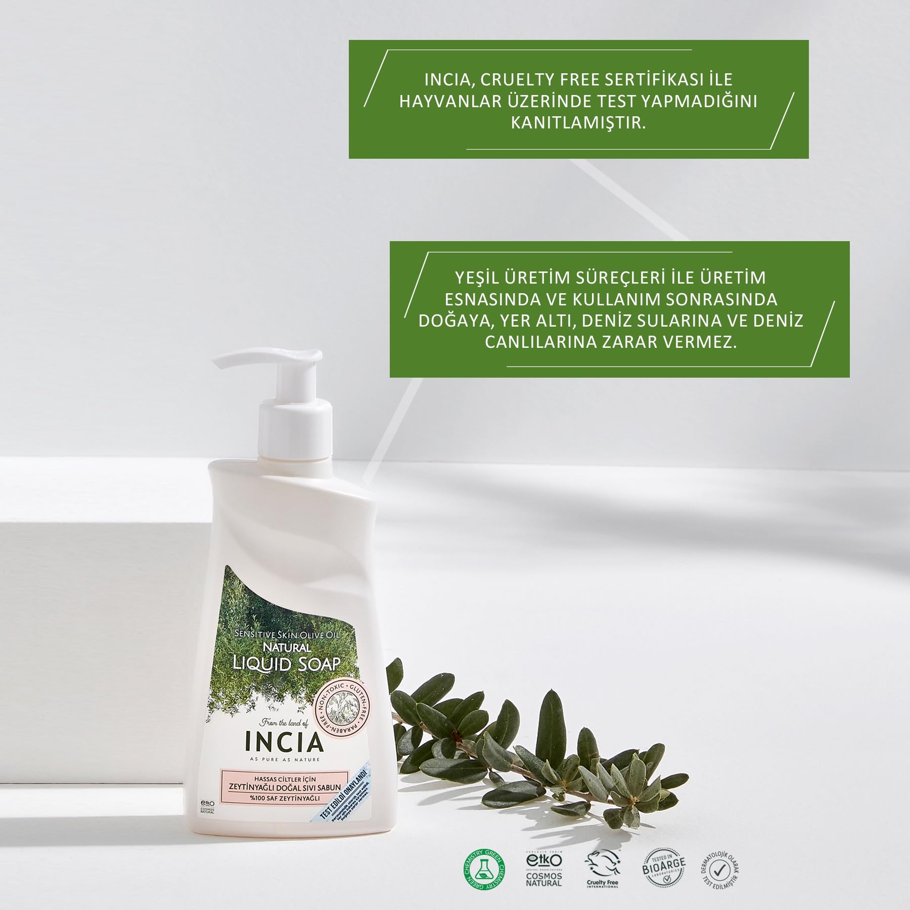 INCIA%100 Doğal Sıvı Kastil Sabunu Hassas Ciltler İçin Zeytinyağlı 10 Bitkisel Değerli Yağ Vegan 250 ml