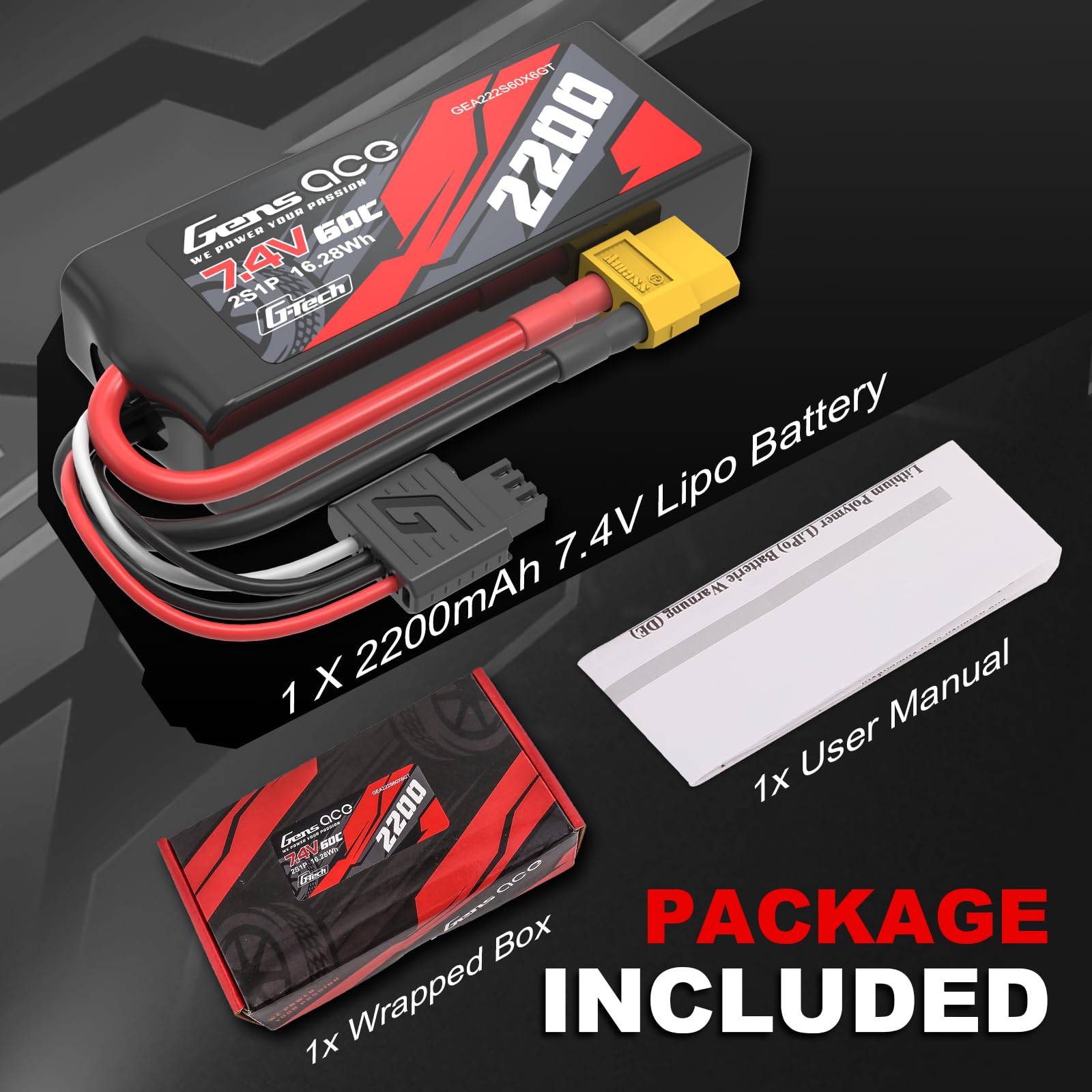 Gens ace 2s Batería Lipo 2200mAh 7.4V 60C con XT60 y Enchufe G-Tech Negro para Helicóptero, Barco RC, Vehículo 1/16